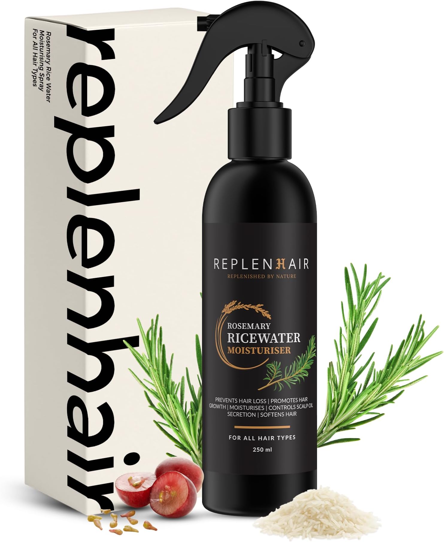 Rosemary Rice Water Hair Moisturizing Spray – Leave-In Conditioner with Rosemary Oil, Biotin & Vitamin E – Hair Growth Mist for Thicker, Stronger, Softer Hair – For All Hair Types – 250ml