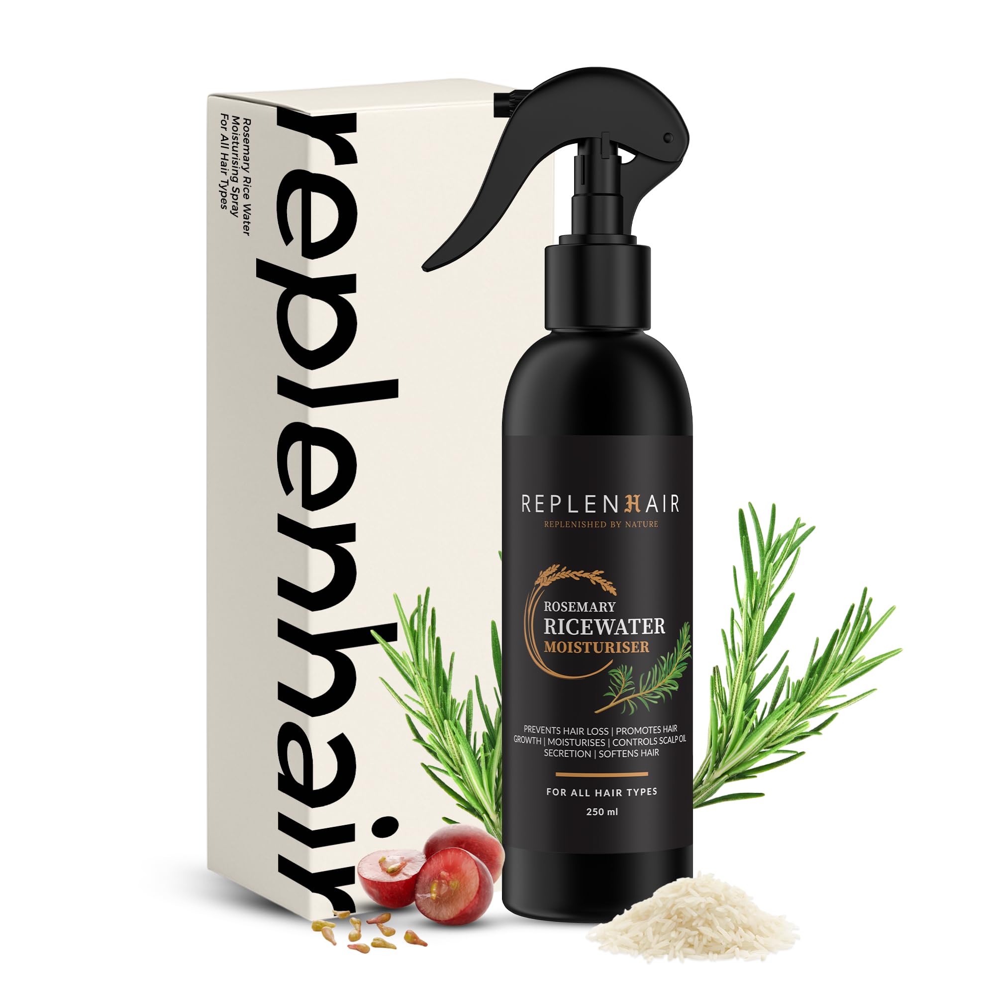 Rosemary Rice Water Hair Moisturizing Spray – Leave-In Conditioner with Rosemary Oil, Biotin & Vitamin E – Hair Growth Mist for Thicker, Stronger, Softer Hair – For All Hair Types – 250ml