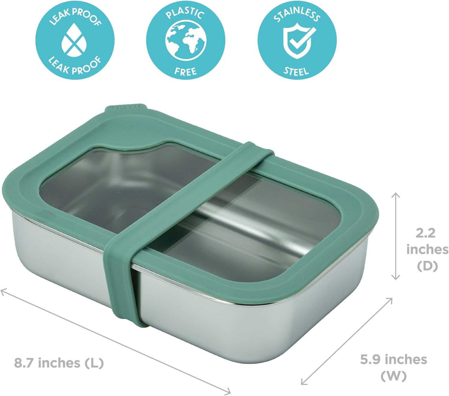 Smash Plastic-Free Stainless Steel Bento Box with Glass Lid – Microwave Safe, Leak Proof, Durable Silicone Edge, Dishwasher Safe – Good Design Award Winner 2025 (Moss, 44oz)