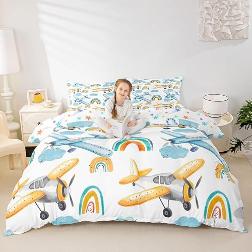 Vista 57 de Erosebridal Funda de edredón de avión de dibujos animados, tamaño matrimonial, juego de ropa de cama de aviones para niños, lindo amarillo, verde