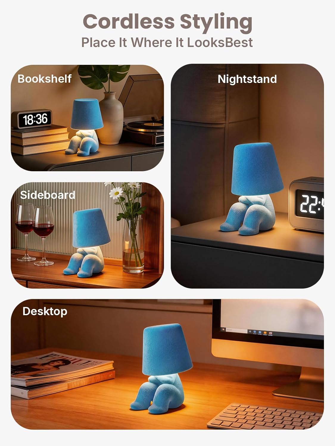 Modern Table Lamp for Youth: Rechargeable Cute Light for Kids Child Teen - Gift for Birthday Christmas Halloween Easter (Blue)
