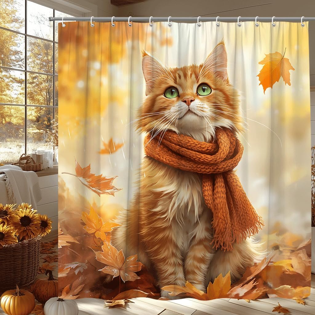 Fall Cat Shower Curtain Cute Kitten Falling Maple Leaves Autumn Thanksgiving Harvest Rustic Farmhouse Fabric Bathroom Decor Set with Hooks,(70" Wx74.8 H)