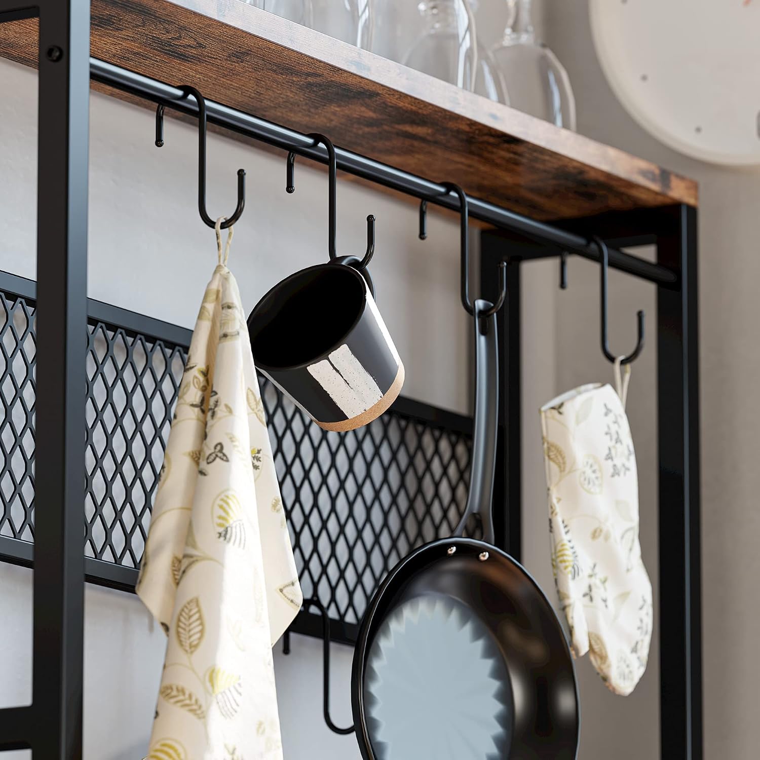IRONCK Baker's Rack, 5 Tier Kitchen Island with Hooks Microwave Stand with Mesh Panel Storage, Utility Storage Shelf for Kitchen, Vintage Browm and P2 Wood