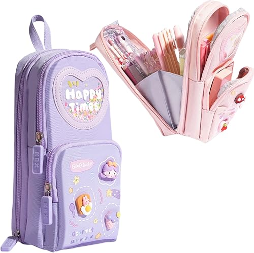 Miniatura 9 de Estuche de cartón lindo con diseño de oso y conejito de fresa, helado, 3 capas, gran capacidad, estuche organizador de cosméticos (púrpura-1)