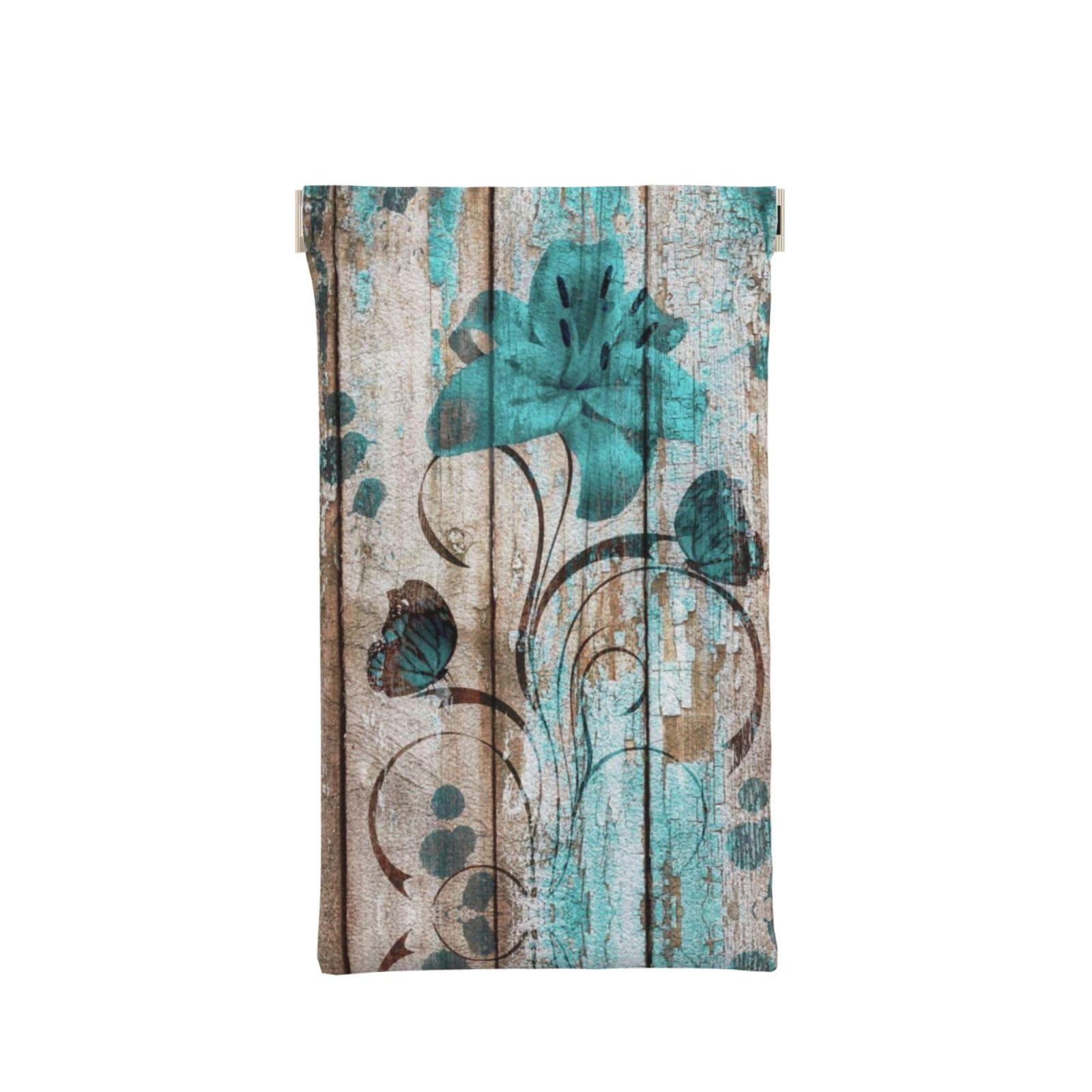 Scaua Unisex Teal Flower On Wooden Plank Soft Eyeglass Cases For Women,Portable Squeeze Top Leather Eyeglass Pouch Stylish Sunglass Bag