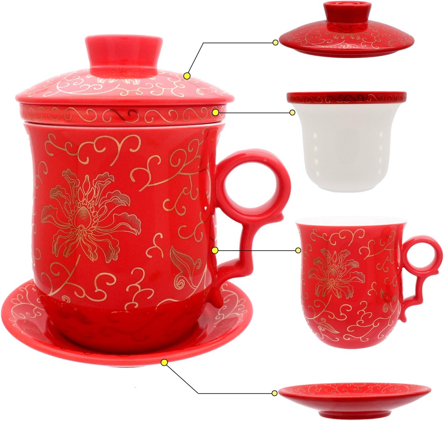Porcelain Tea Cup with Infuser Lid and Saucer Sets - Chinese Jingdezhen Ceramics Coffee Mug Teacup Loose Leaf Tea Brewing System for Home Office