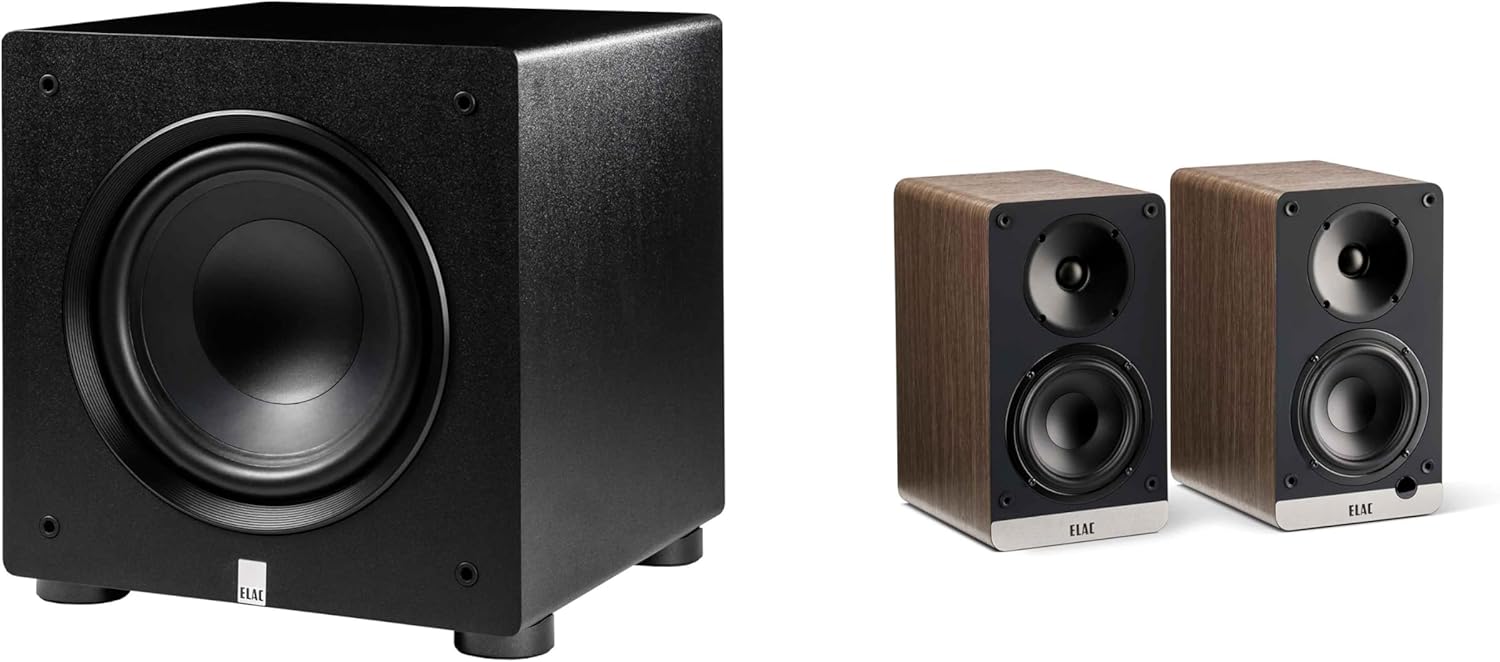 ELAC DCB41-WN - Debut ConneX 4.5" Powered Speakers - Walnut, Pair PS250-BK - Varro Premium 10" 250 Watt Powered Subwoofer with Auto-EQ