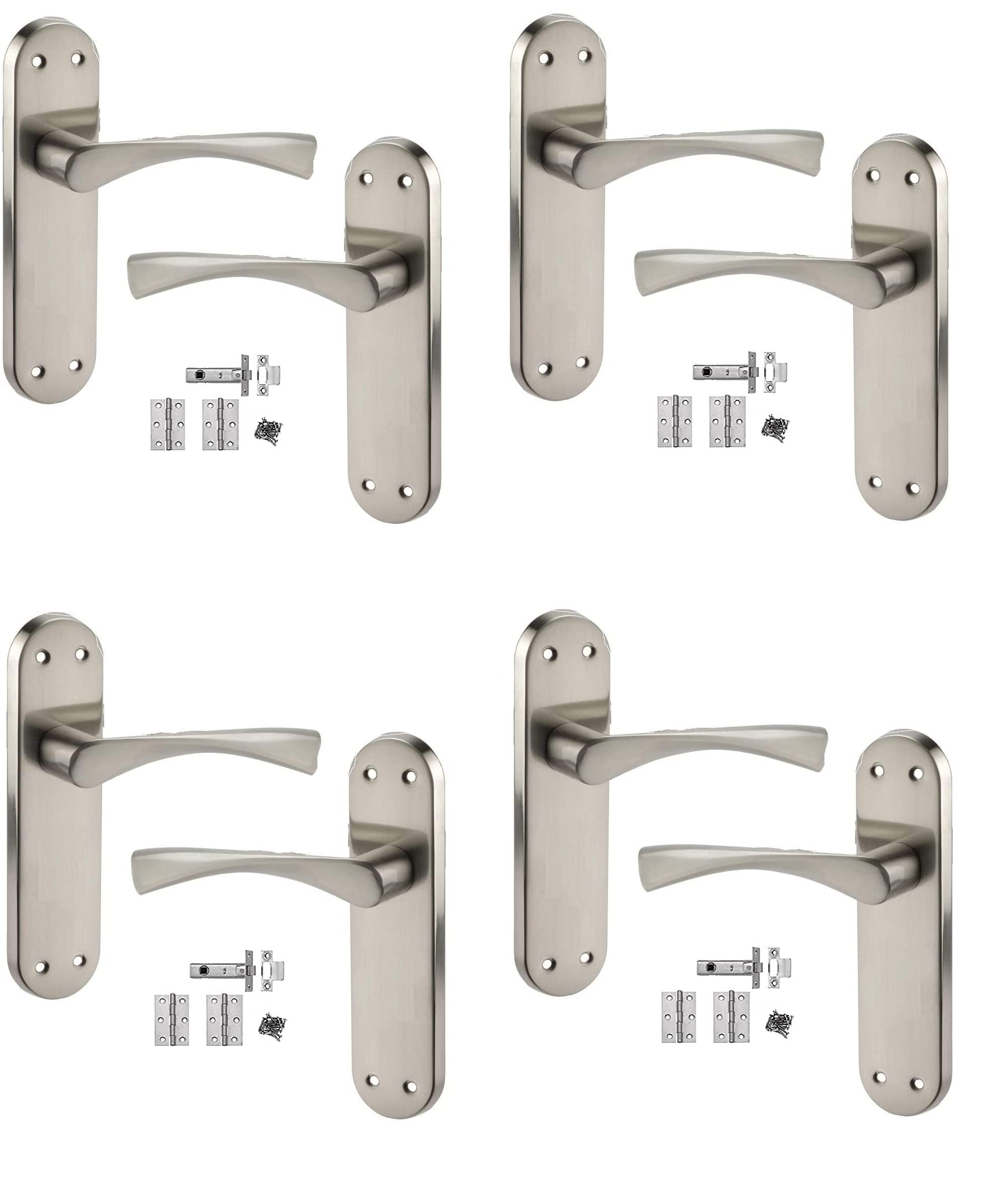 Golden Grace 4 Sets of Twist Astrid Style Modern Chrome Door Handles on Backplate with Satin Stainless Steel Finish Door Lever Latch Pack 182mm x 45mm Backplate