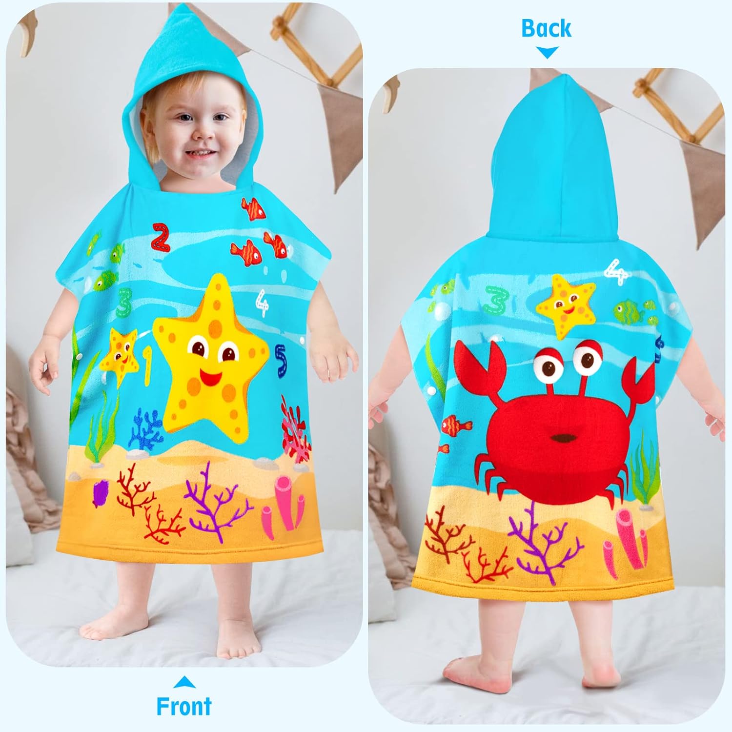 HUANLANG Kids Hooded Beach Towel for Boys Girls,Bath Pool Beach Poncho Towels Super Soft & Absorbent Cotton Towel Childrens Starfish Beach Towels for Toddler 0-7 Years Old - Image 2