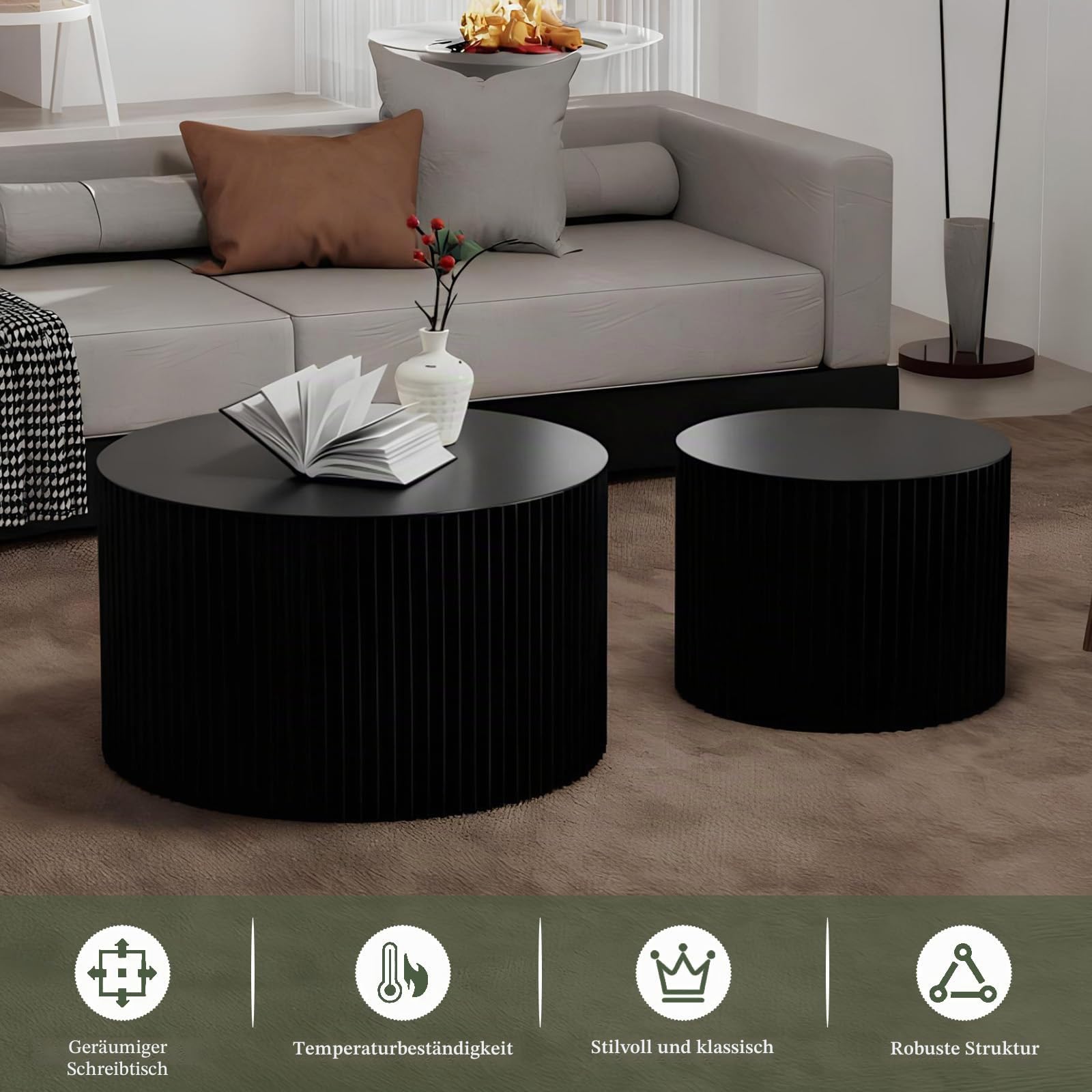 Beistelltisch Set rund, 2 Stücke, Schwarz, Ø70CM+Ø50CM