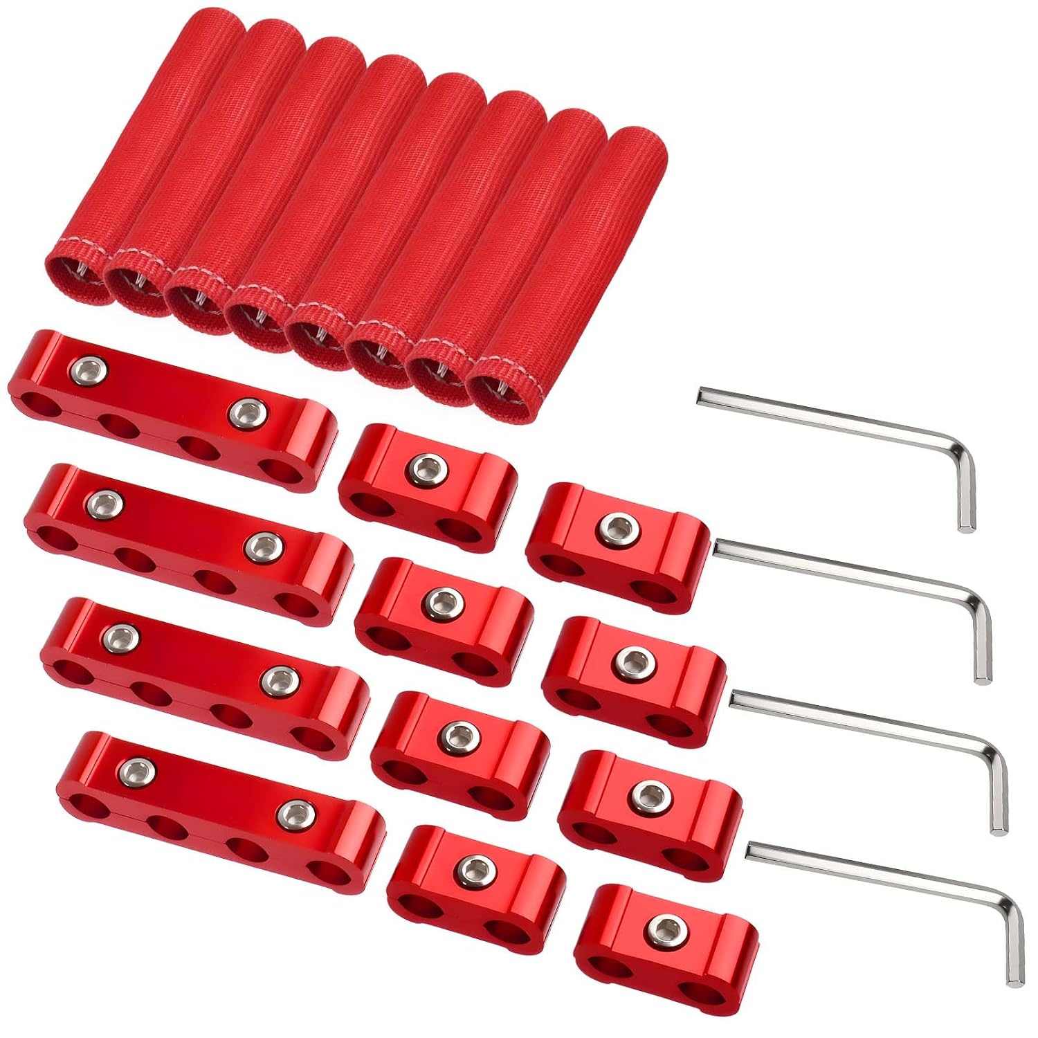 12Pcs Aluminum Alloy Spark Plug Wire Separator & 8pc Heat Shield Sleeve Kit, Compatible with 8mm-10mm Wires, 90°/45°/Straight Plugs, Easy Install for Car Engine Ignition Protection