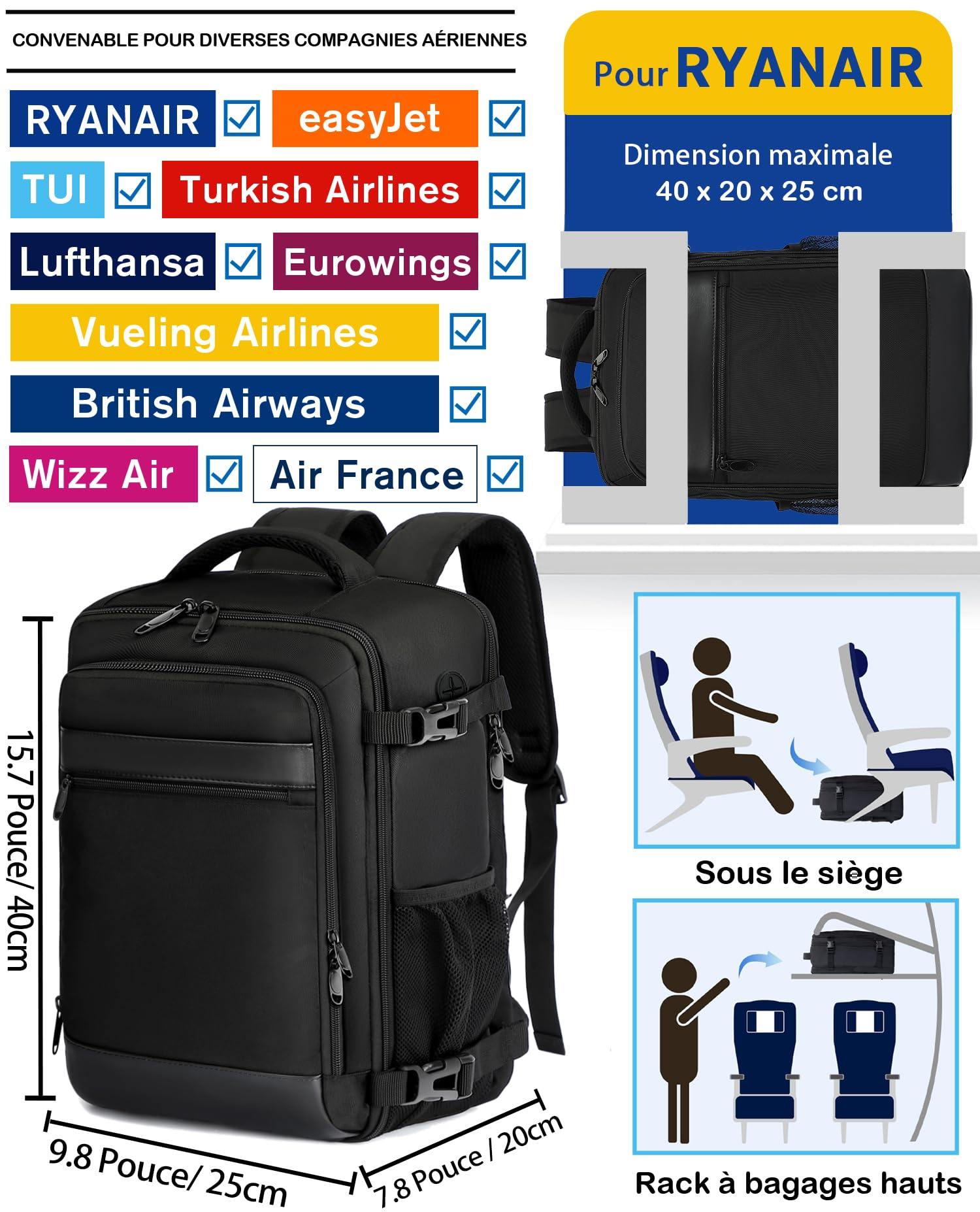 KLOSTAIN Sac a Dos Voyage Cabine Avion 40x20x25 Bagage Cabine pour Ryanair 20 L Femme Homme sous Siège Bagage à Main Petit Sac à Dos pour Ordinateur Portable 14 Pouces Noir