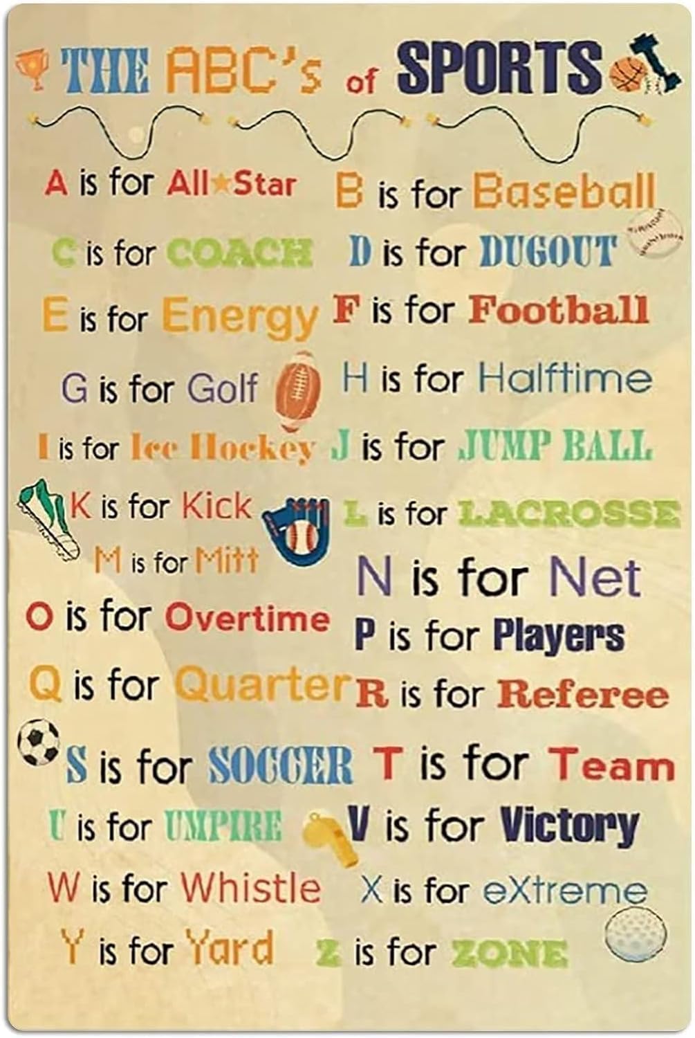 peiyeety The Abc's of Sports Vintage Metal Aluminum Tin Sign Door Signs Exterior Home Cave Garage bar Country Poster Club Wall Plaque Decoration Retro Aluminum Sign 8"x12"
