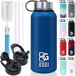 BOGI Insulated Water Bottles, 32oz Double Wall Vacuum Stainless Steel Water Bottles with 3 Lids Metal Water Bottle with Straw Lid Spout Lid & Stainless Steel Lid Sport Water Bottles KeepsHot and Cold