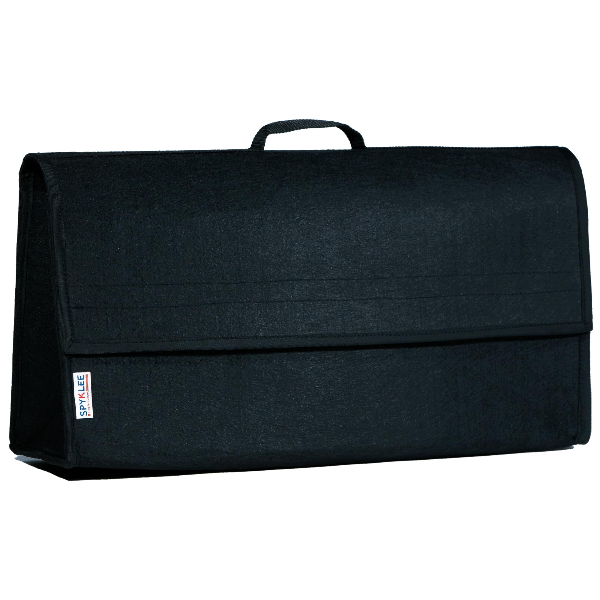 SPYKLEE Foldable Car Trunk Organizer | Heavy Duty Felt Boot Storage Bag with Lid & Handle | Anti Slip Sustainable Multipurpose Tool Bag | Utility Space Saver | for Any Vehicle - Dark Black (Large)