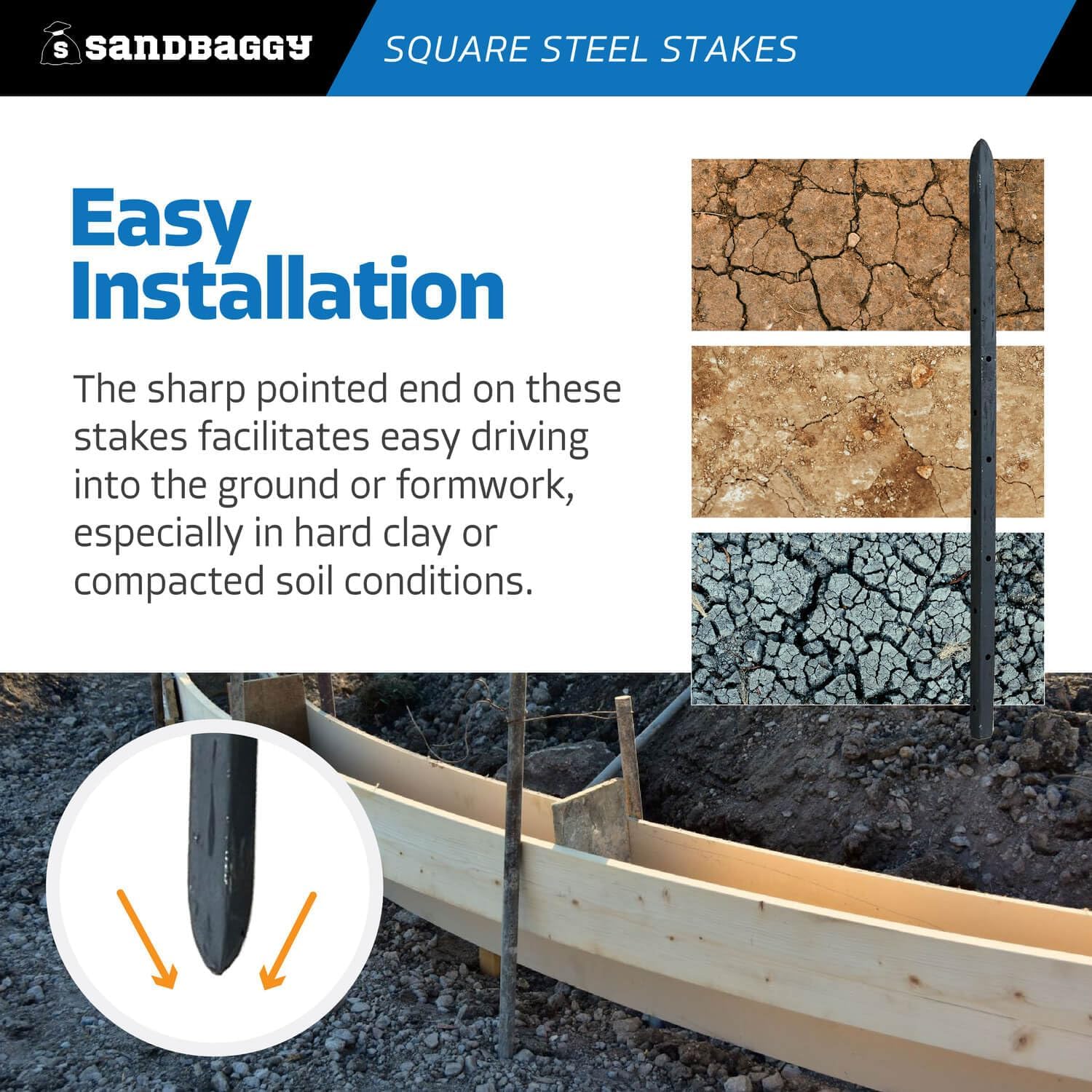 Sandbaggy 18" Square Steel Concrete Form Stakes with Nail Holes - 5/8" Wide - Rust Resistant - Removable/Reusable - Construction Grade Rebar Pins (Square Nail Stakes, 30, Count)