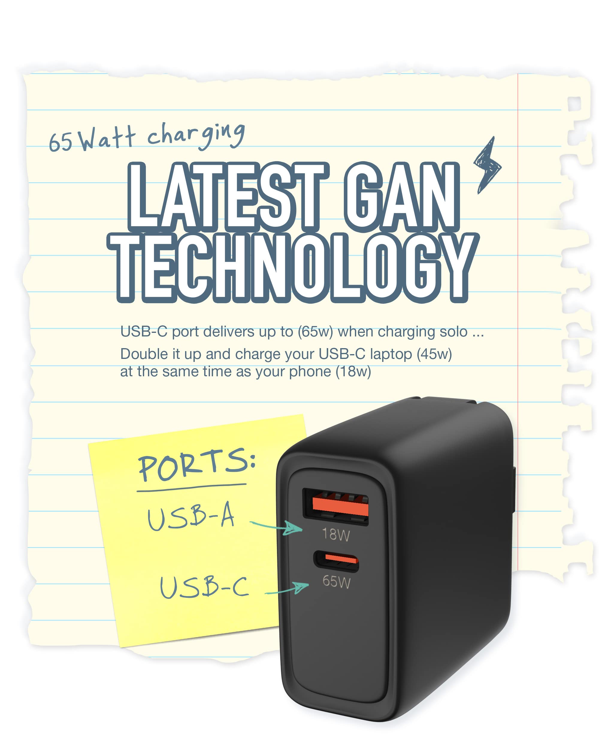 Smartish USB-C/USB Wall Charger for iPhone 16,15 & MacBook - Charge Shack-2 Port 65W Quick Charger - Type C Power Brick Wall Plug - Compatible with MacBook Pro iPhone Android Laptops