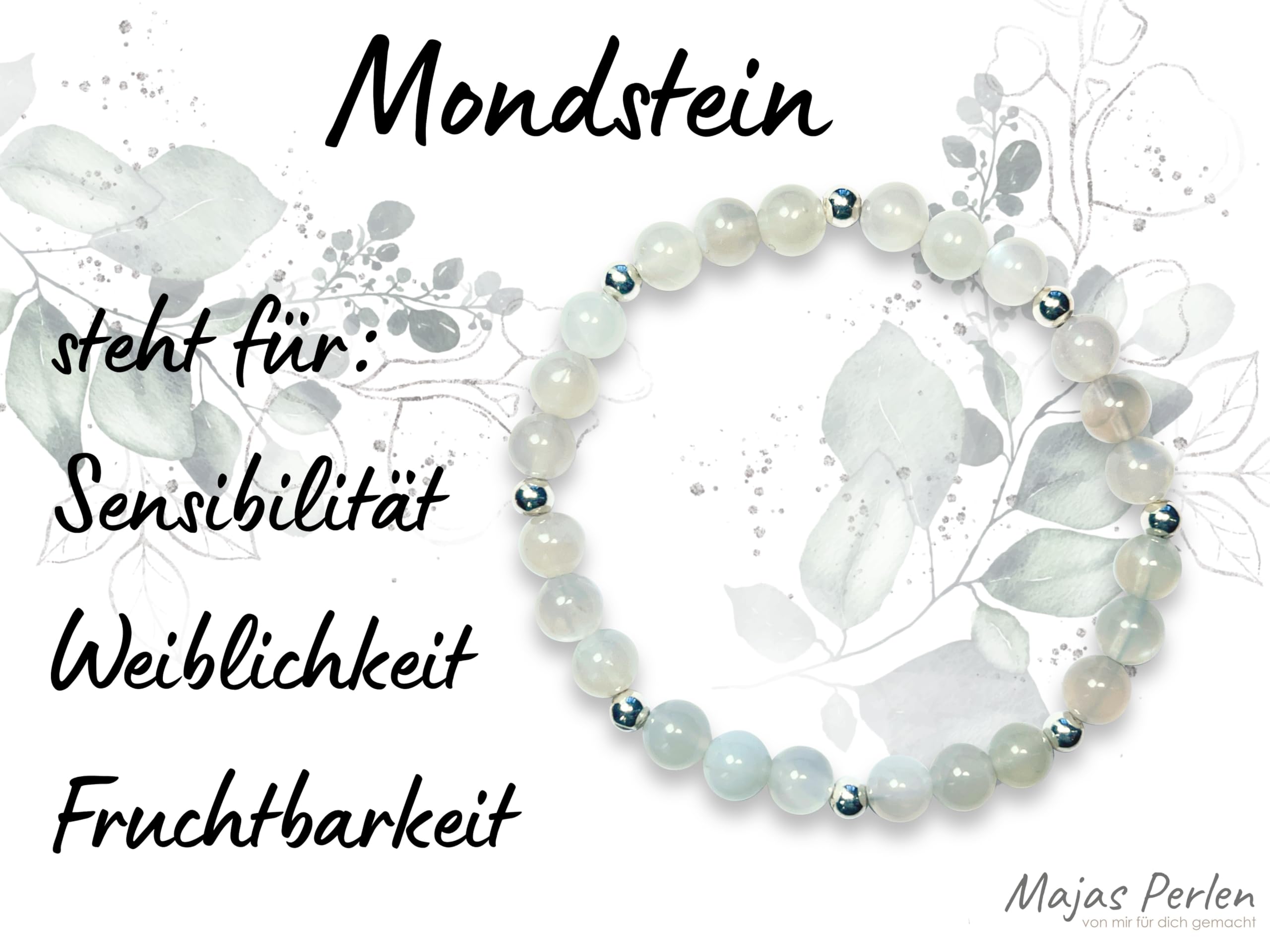Mondstein Armband Perlen echt 6mm Edelstahlperlen 4mm Silber Gold Roségold oder Ionisiert - Handmade Perlenarmband Sensibilität Fruchtbarkeit Weiblichkeit - Spiritueller Schmuck Unisex