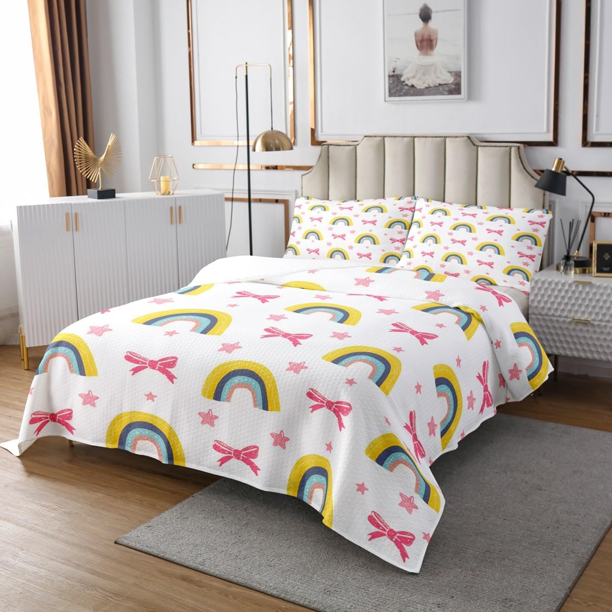 Erosebridal Yellow Cartoon Rainbow Coverlet Sets Queen Pink Kawaii Bowknot Bedspread Set for Kids Girls Teen Women,Dreamy Princess Style Quilt Sets Star Rainbow Bed Set
