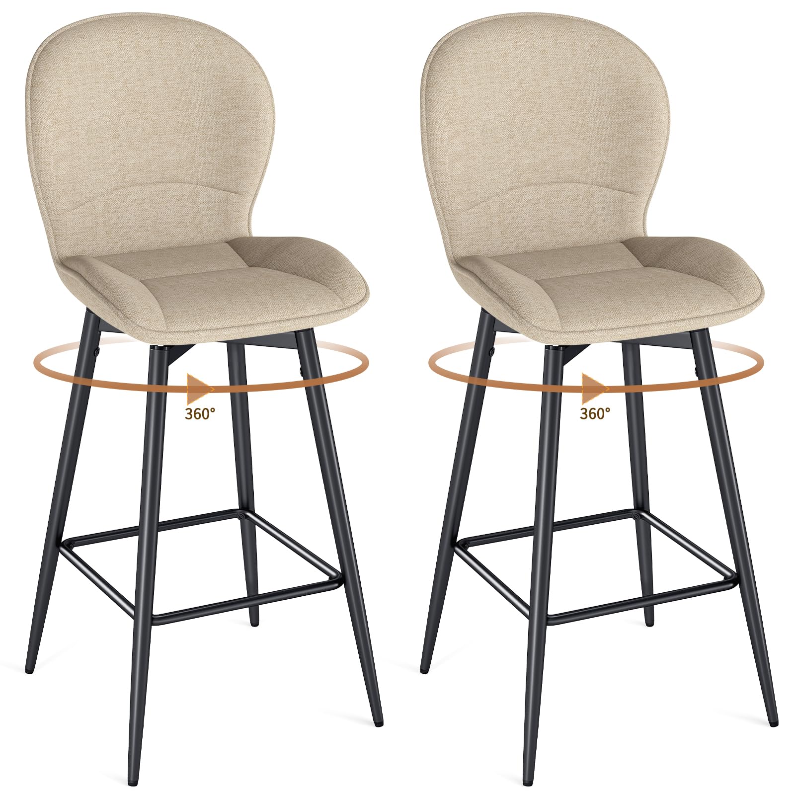 LEWE Juego de 2 Taburetes Altos de Bar, 75 cm Altura del Asiento, Giratorio 360° Sillas Altas de Cocina con Respaldo Acolchado de Tela, Metálica Reposapiés, para Bar, Comedor, Salón-Caqui