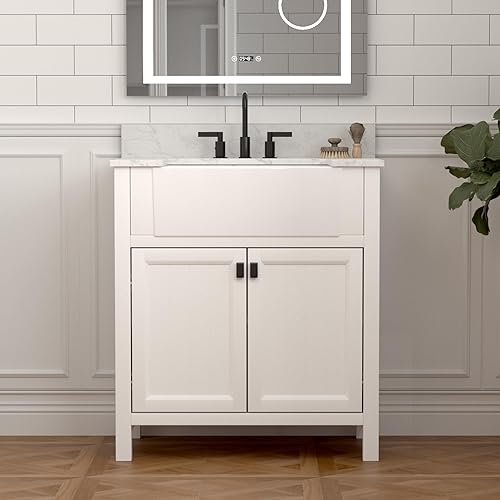 Tocador de baño con lavabo de 30 pulgadas, combo de gabinete de lavabo de baño en blanco, tocador de almacenamiento moderno con puerta de cierre