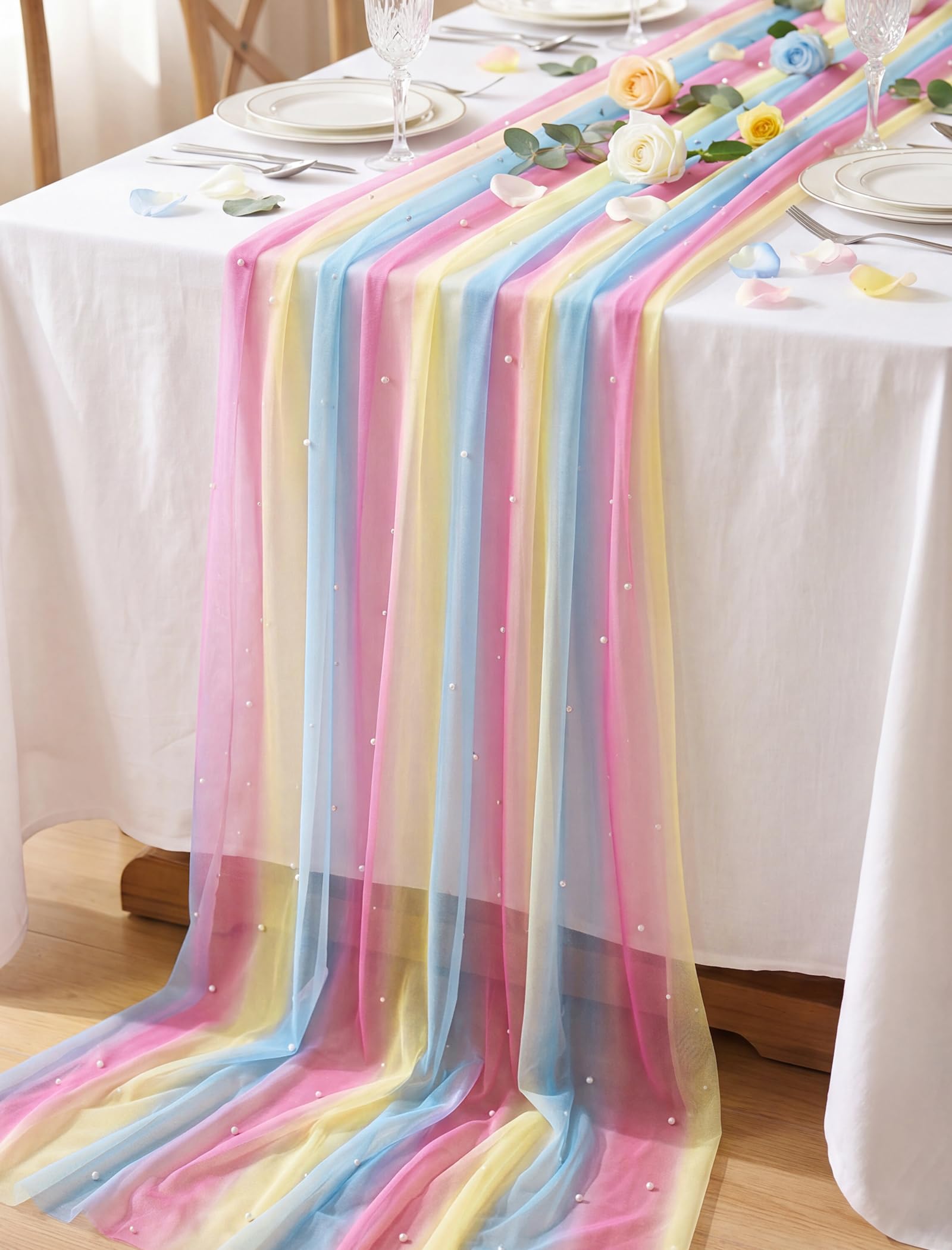 NiHome Rainbow Tulle Table Runner with Faux Pearls 76.2 x 304.8 cm