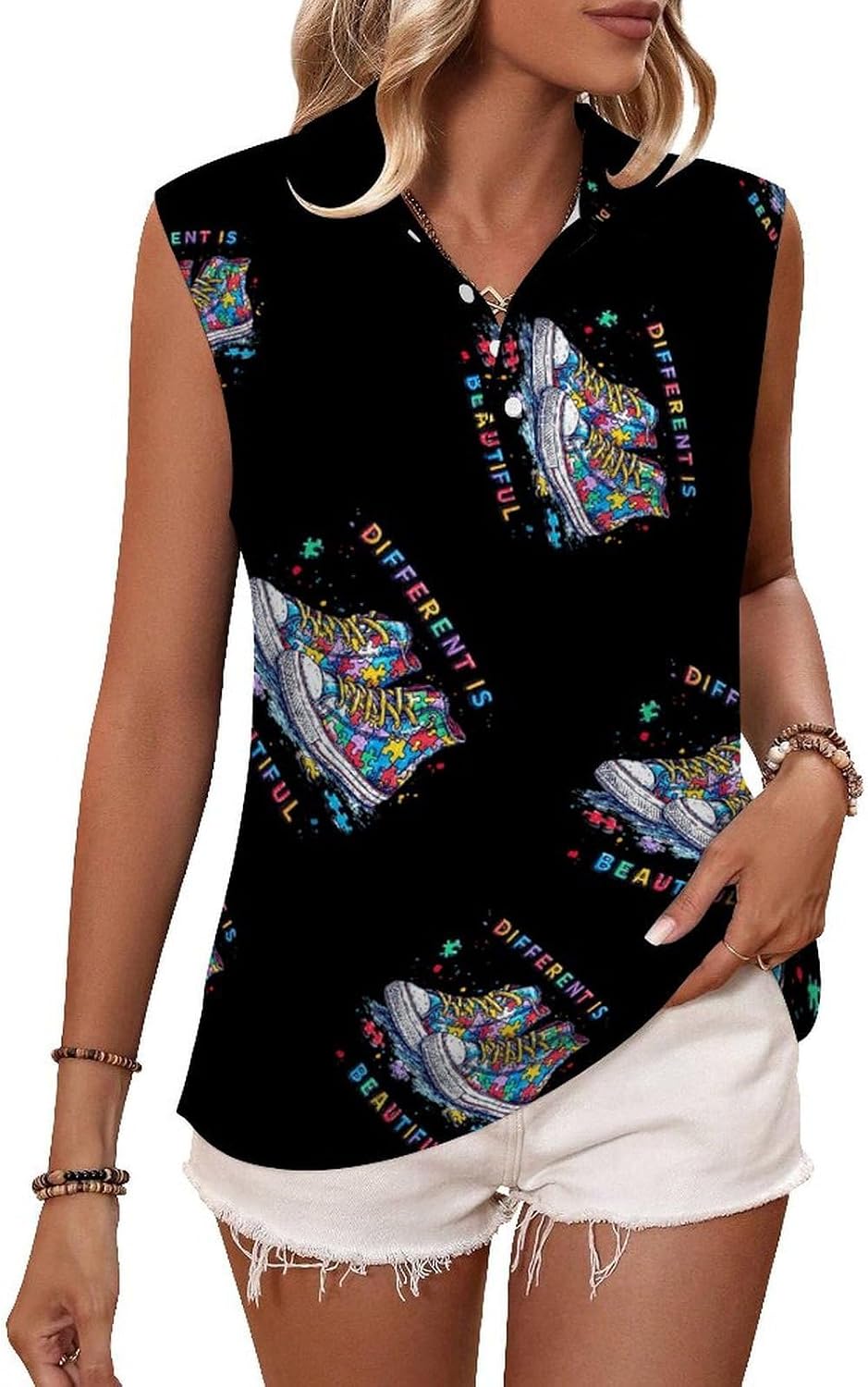 Different is Beautiful Womens Sleeveless V Neck Golf Polo Shirts | Collared Tank Tops