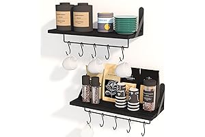 Fixwal Wall Shelves with 10 Adjustable Coat Hooks, Spice Organizer, Coffee Bar...
