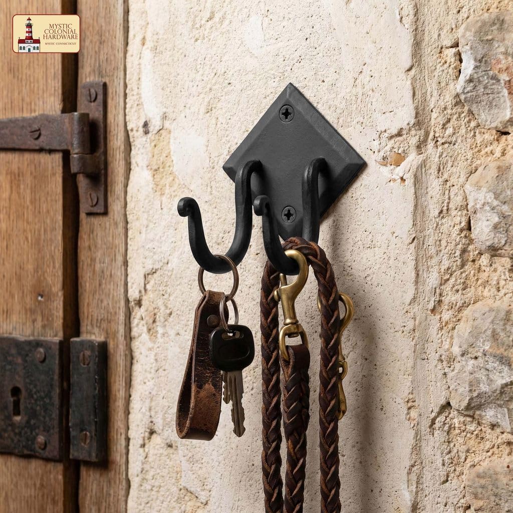 Mystic Colonial Rustic Hand Forged Iron Wall Hook with Two Hangers: Ideal for Victorian, Colonial, Retro, Steampunk, Gothic, and Baroque Settings 8.8 cm Black Pack of 10