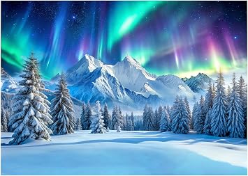 Winter Snow Mountain Aurora Backdrop Snow Pine Mountain Aurora Natural Scenery Photo Backdrop Winter Decoration Banner Background 8x6FT FW148
