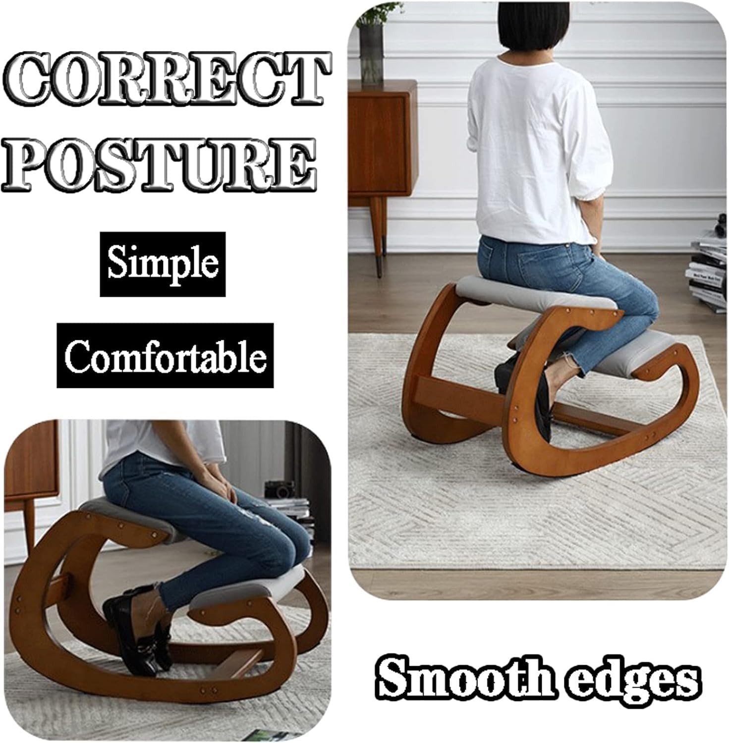 Kneeling Chair for Back Pain Relief - Comfortable Wooden Rocking Stool, Excellent Posture Support, Ideal for Body Shaping and Improved Comfort at Your Desk