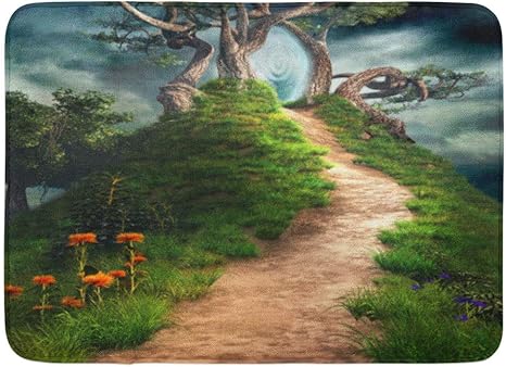 Amazon 玄関マットバスラグアウトドア 屋内ドアマット魔法魔法のポータルヒルファンタジー木と花おとぎ話自然バスルームの装飾ラグバスマット 75x45cm 玄関マット オンライン通販