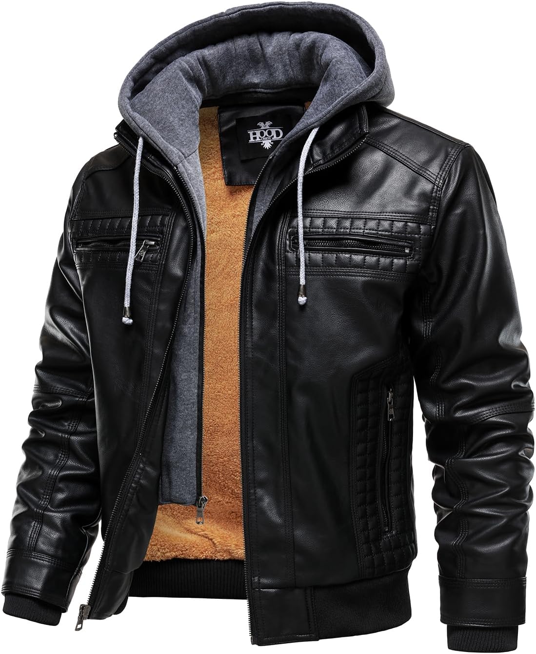 HOOD CREW Men Faux Leather Jacket with Detachable Hood Casual Motorcycle Bomber Jackets Outerwear