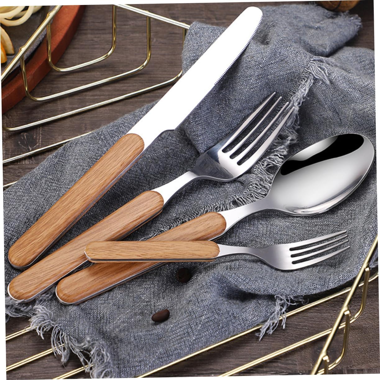 Retro 4 Pcs Stainless Steel Cutlery Set with Wood Grain Handle Xmas