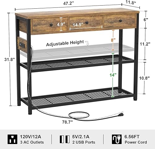 Miniatura 3 de Ecoprsio Mesa de entrada de 47 pulgadas con salidas y puertos USB, mesa consola con 3 cajones, mesa de sofá estrecha larga con estantes de Marrón