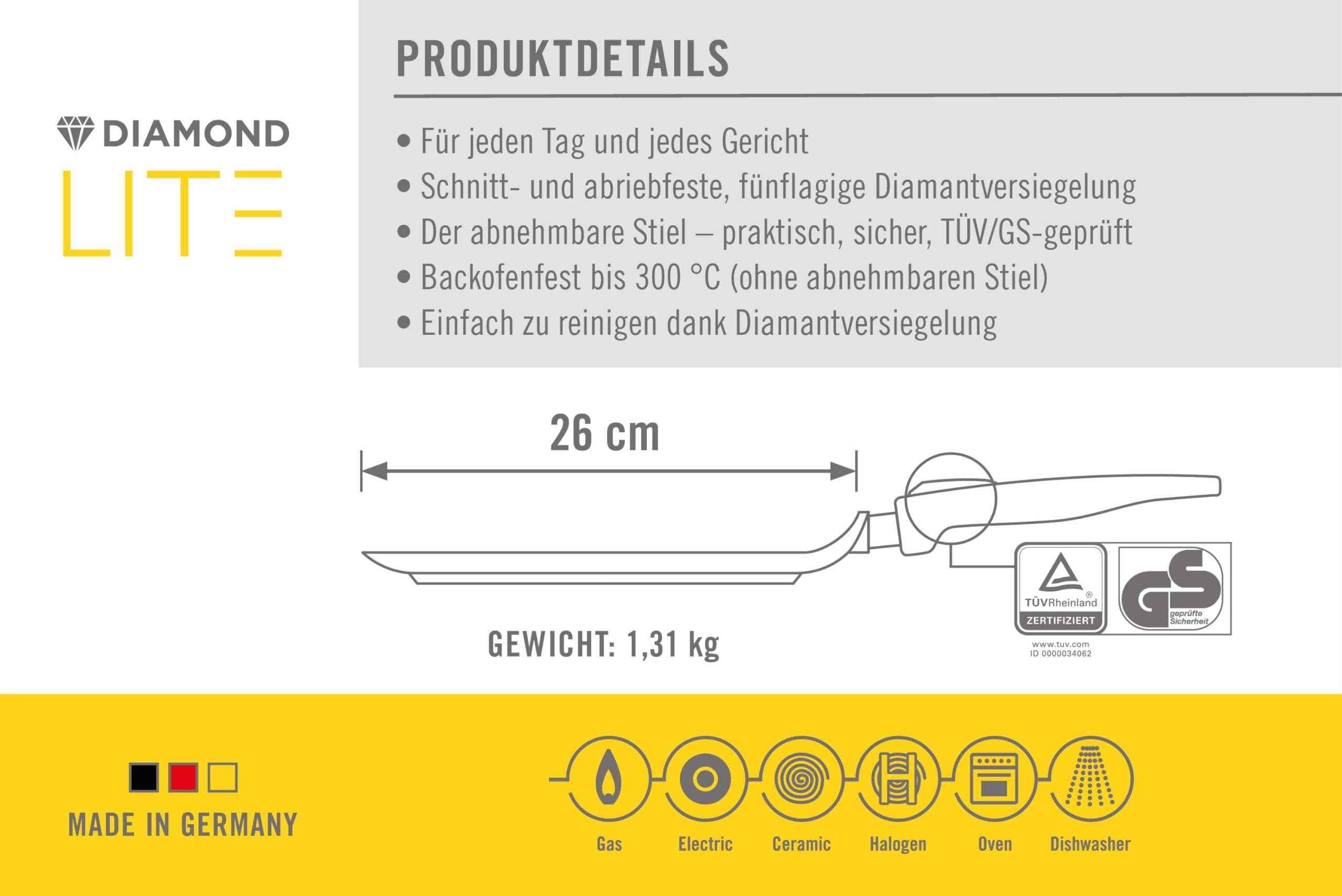 Woll Diamond Lite - Sartén para Crepes (26 cm de diámetro, Mango extraíble, Apta para vitrocerámica, Gas, eléctrica, halógenos, no Apta para inducción, Aluminio Fundido, Revestimiento Antiadherente,