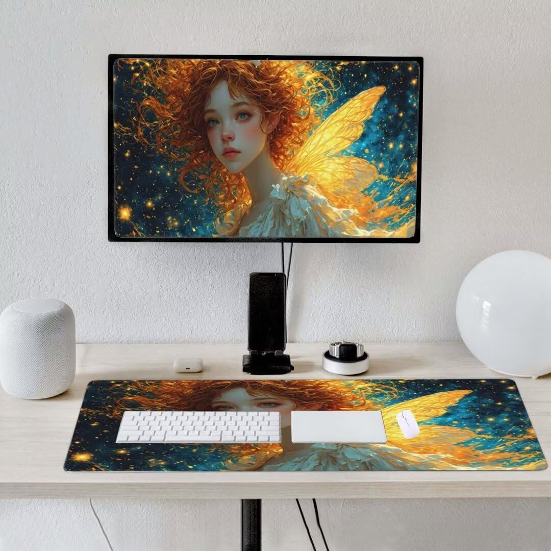 Alfombrilla de ratón 1400x600x3 MM, Alfombrilla Ratón XXL Extendida de Gran Tamaño con Bordes Cosidos, Base de Goma Antideslizante Almohadilla para Teclado, Hada de la libélula S-10439