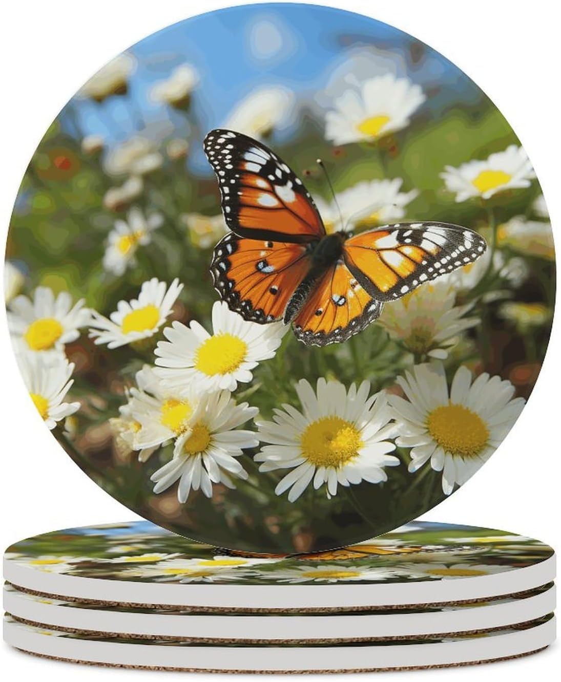 Butterfly on Daisy Flower Coasters for Drinks Absorbing Round Ceramic Stone Coaster with Cork Base Coffee Cup Beverage Table Cup Mat Modern Style Bar Coaster Set for Home Decor