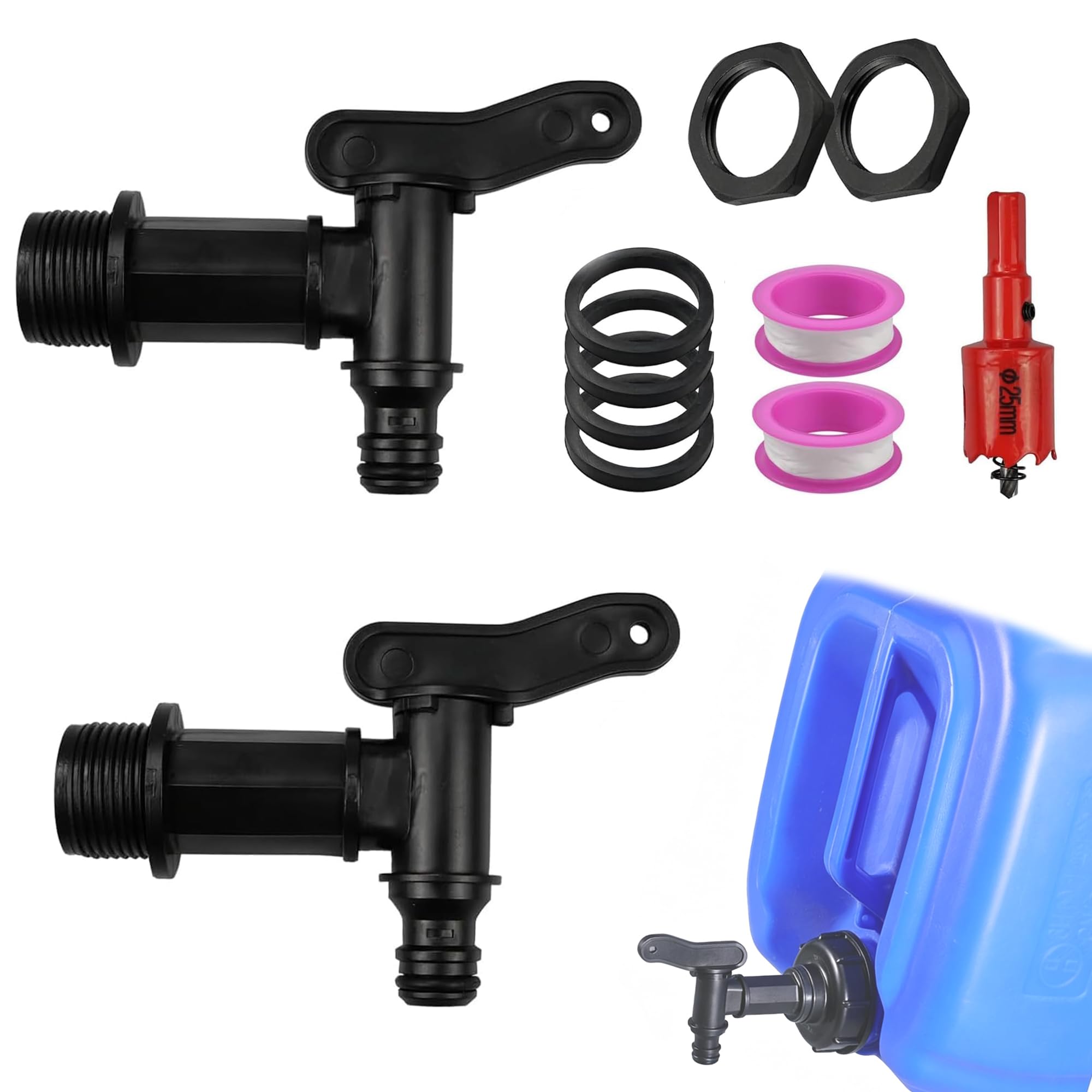 KIMHOME 2-Pack Water Butt Tap Kit, Rain Barrel Tap with Hole Cutter for Garden Allotment & Greenhouse (Plastic/Brass)