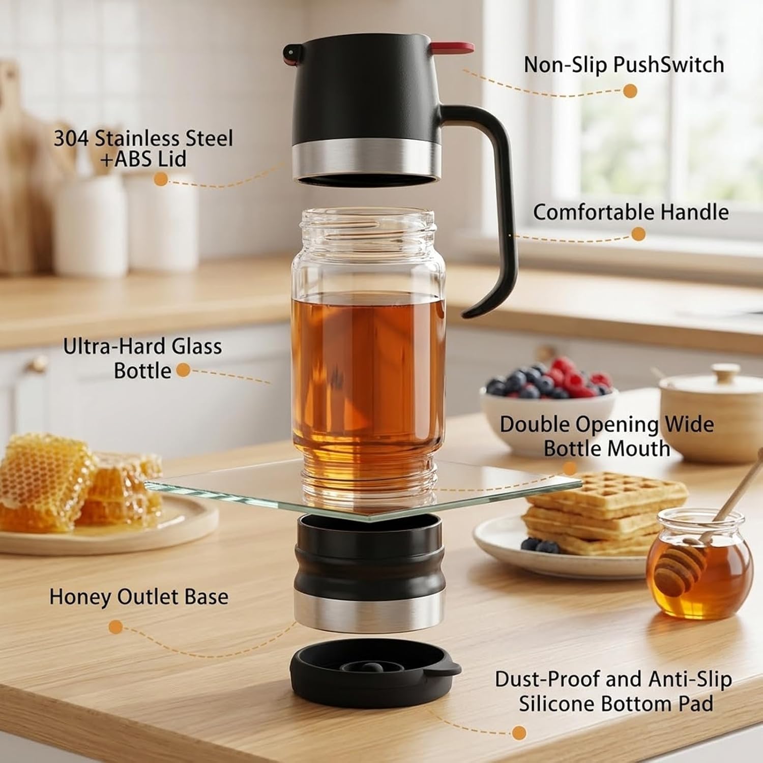 2026 Upgraded No-Drip Honey Dispenser Set, 12 OZ Glass Maple Syrup Jar with Base, Handle, Labels & Sponge Brush, Mess-Free Pourer for Pancakes, Coffee & Tea