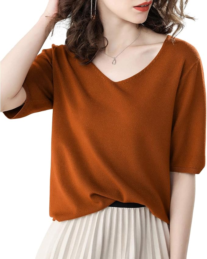 Amazon Yiruiya サマーセーター レディース 静電防止 グラマラス Vネックトップス 肌触り 軽量 カラーフル ニット カットソー キャラメル S セーター 通販