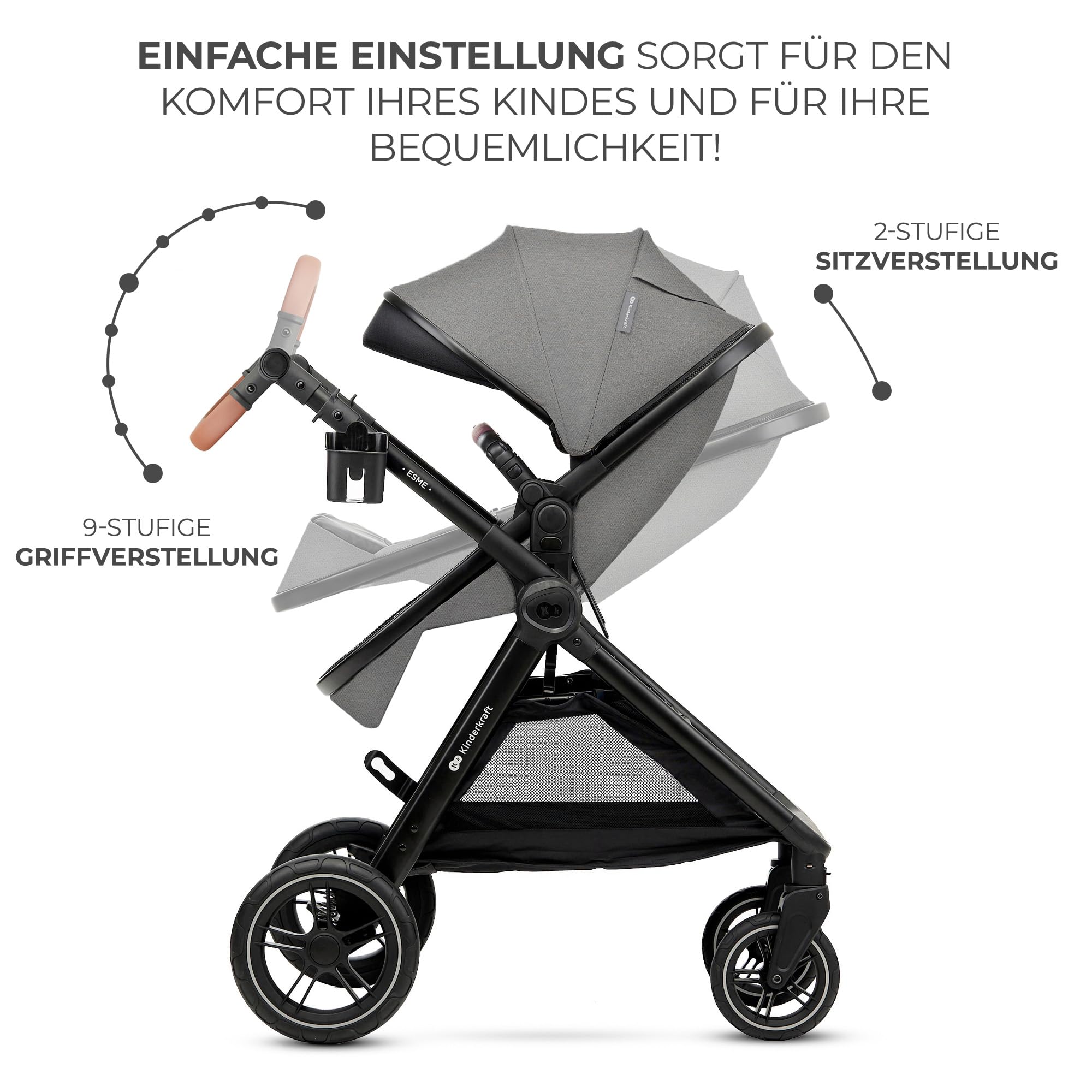 Kinderkraft ESME Kinderwagen 3 in 1 Komplettset bis 26 kg, Kombikinderwagen Reisesystem mit Babyschale I-size 40-75 cm, Zusammenklappen, Liegeposition, Grau
