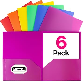 Dunwell Plastic 2-Pocket Folders 6 Pack, Assorted Colors, 8.5x11 Document Folders for School and Office, Heavy Duty Poly, Long Lasting, Includes Labels