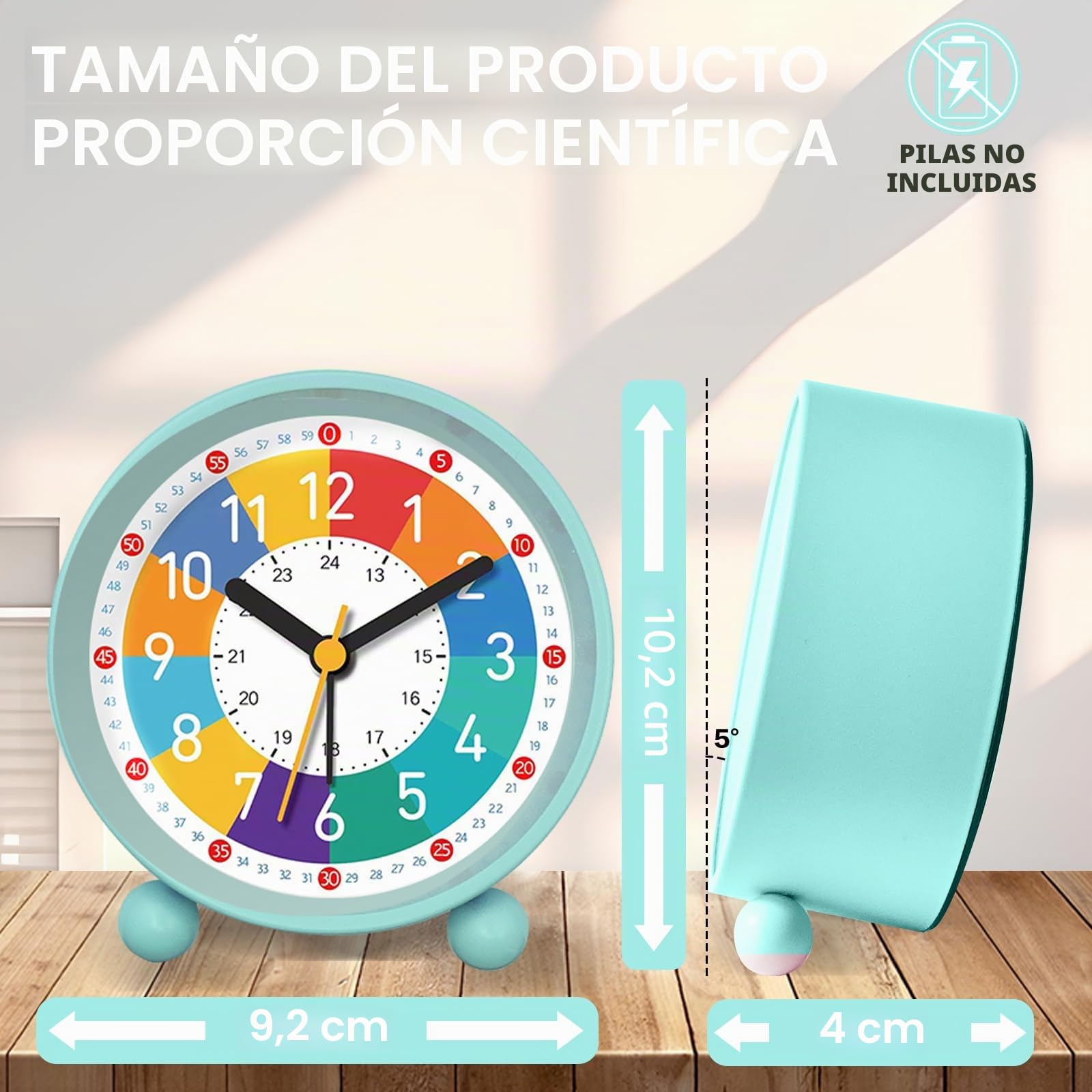 Despertador Infantil para Principiantes En La Escuela, Sin Sonido Tic-TAC, Con Función De Luz Nocturna Y Repetición, 5 Adornos Verde