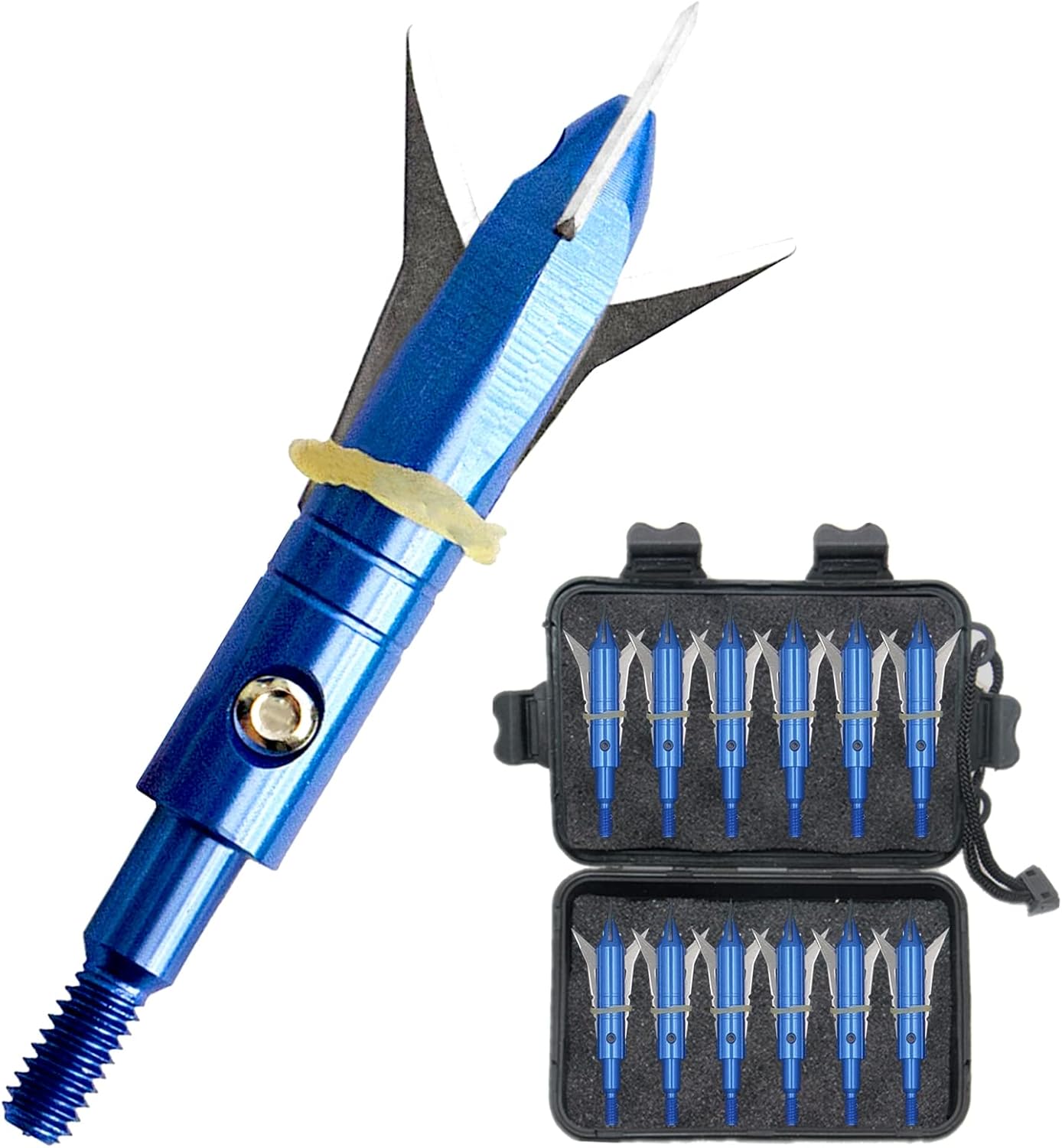 e5e10 12pcs Hunting Broadheads 100 Grain Archery Broadheads New Stell Broadheads + 1 pcs Black Broadhead Case Plastic Portable Case for Arrowheads (Blue) : Sports & Outdoors