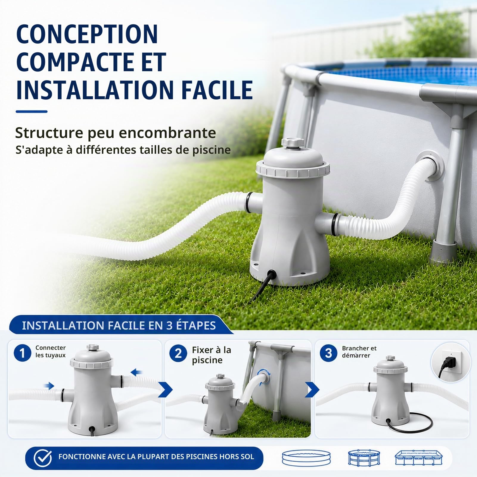 Pompe Filtre Piscine Hors Sol 330 GPH avec Filtre à Cartouche Électrique | Système de Filtration Piscine avec Tuyaux, Filtre de Rechange et Circulation Silencieuse pour Piscine Hors Sol
