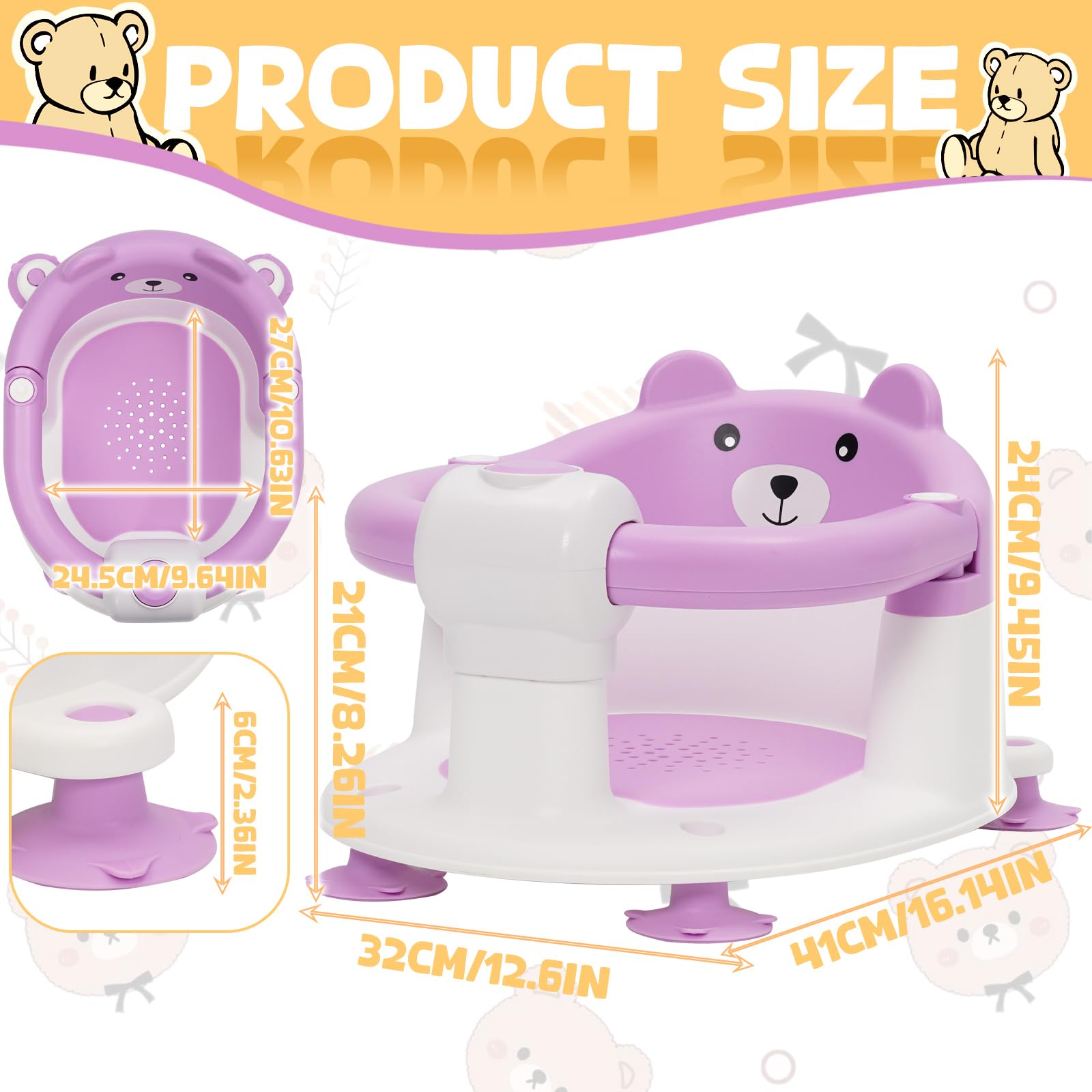 Chaise de Bain pour Bébé 6-24 Mois, Siège de Bain avec Ventouses, Antidérapant Violet