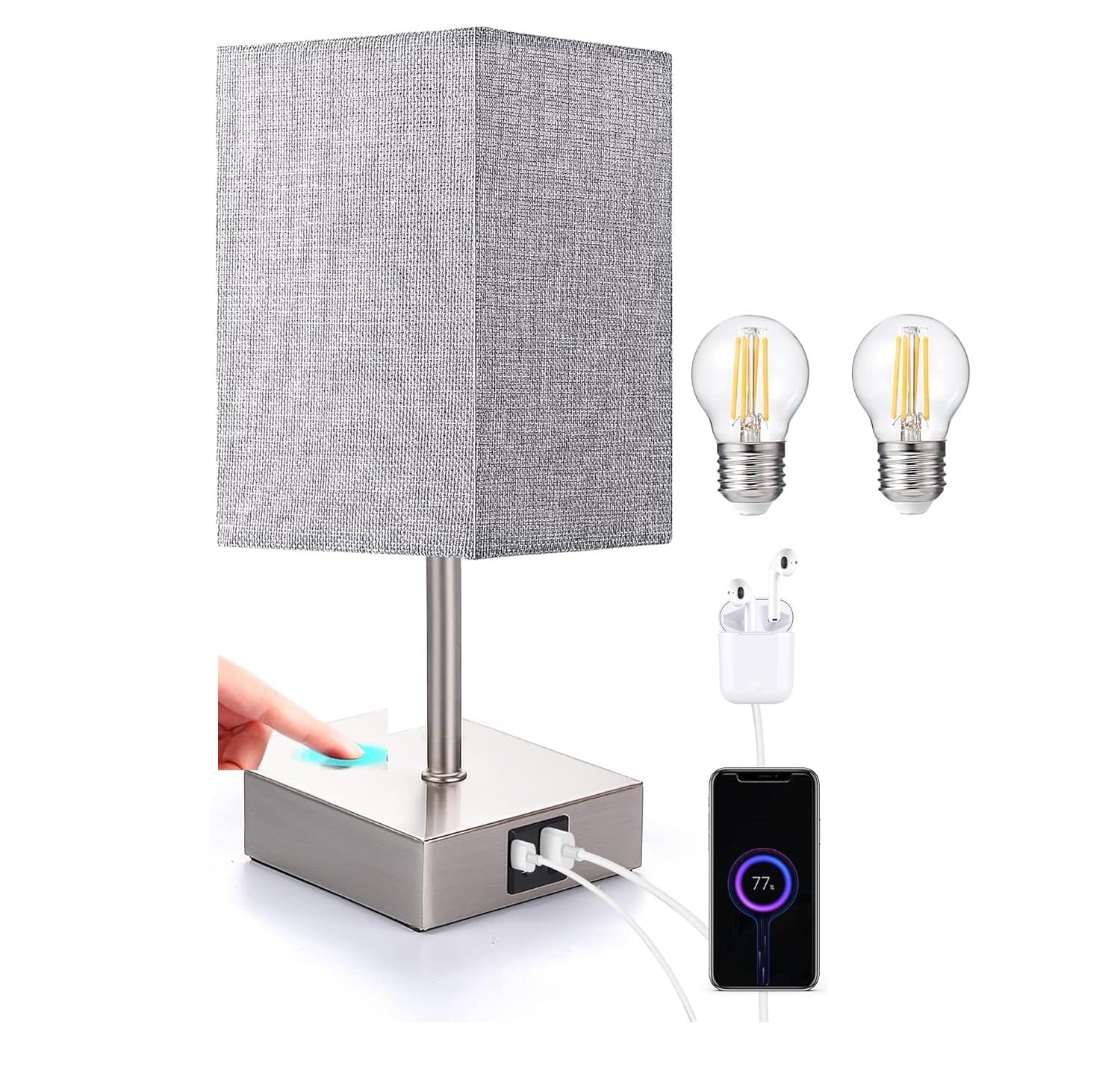 DEENZ Touch Lamps with USB & Type C Port Nightstand Lamp Charge Ports 3 Way Dimmable Bedside Silver (Square Base) Lamp with Fabric Shade Small Table Lamp for Bedroom Living Room Bulb Included (Grey)