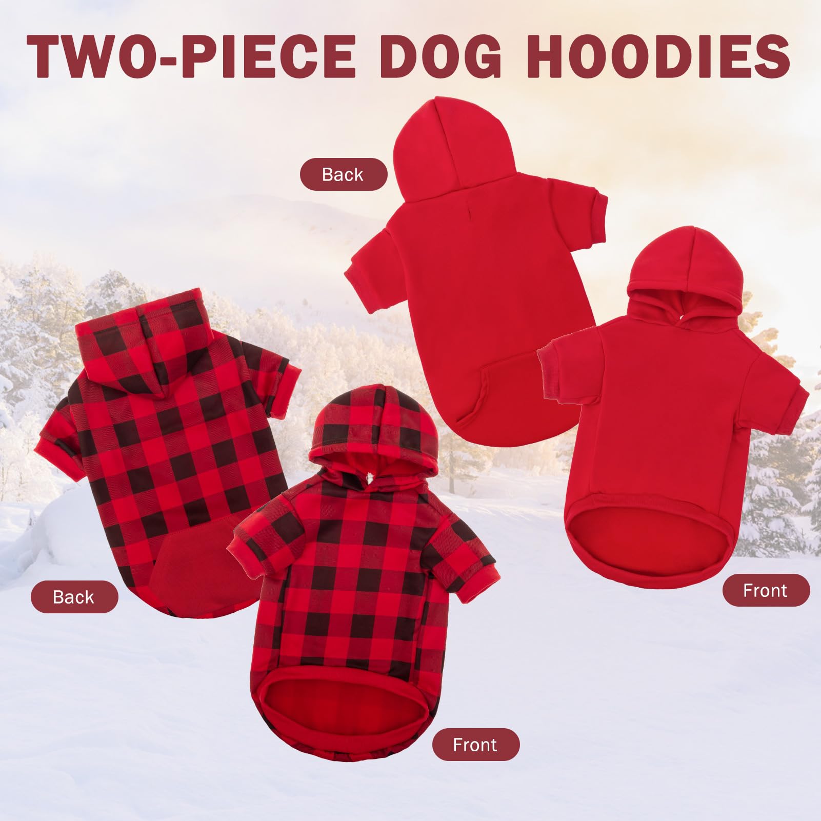 SCENEREAL 2 Pack Dog Sweaters with Hat & Pocket, Soft Dog Hooded Clothes, Red Plaid L/XL