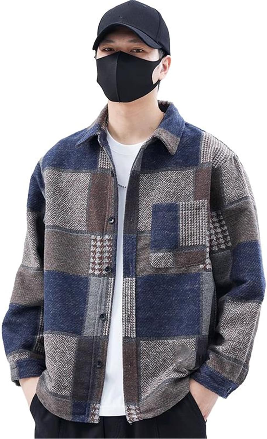 Lapel coat men's spring and fall loose splicing shirt jacket-Blue-X-Large